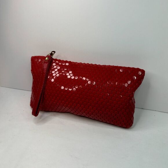70's La Regale Red Sequin Acrylic Dotted Leather Wristlet Wallet Handbag - Picture 5 of 11